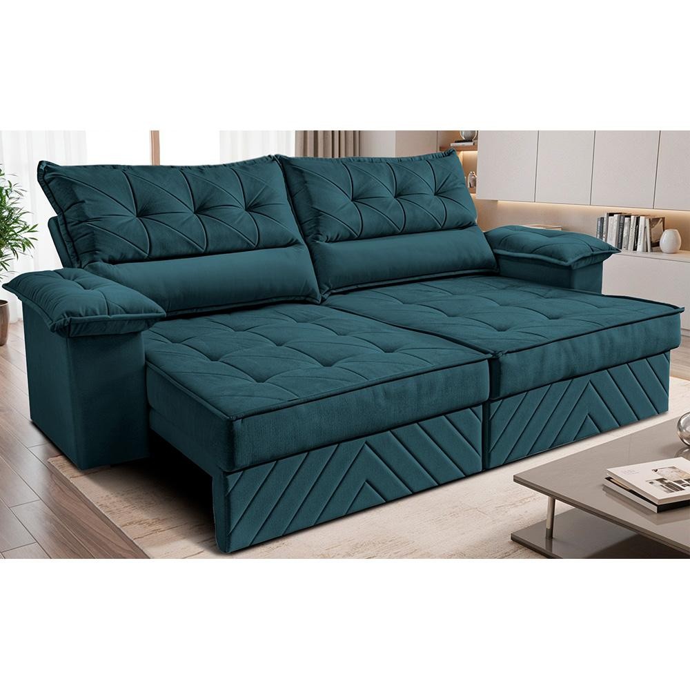 Sofá Retrátil e Reclinável 2,40m com Molas e Espuma D33 Thunder Velusoft Petróleo Cama inBox