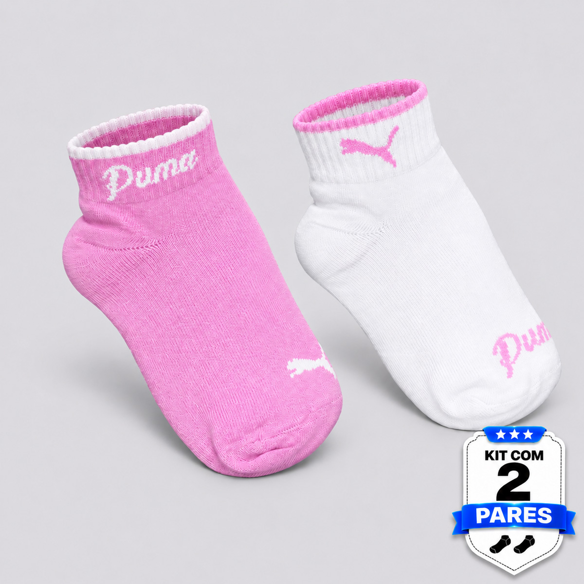 Kit Meia Puma Cano Baixo 2 Pares Infantil Branca e Rosa