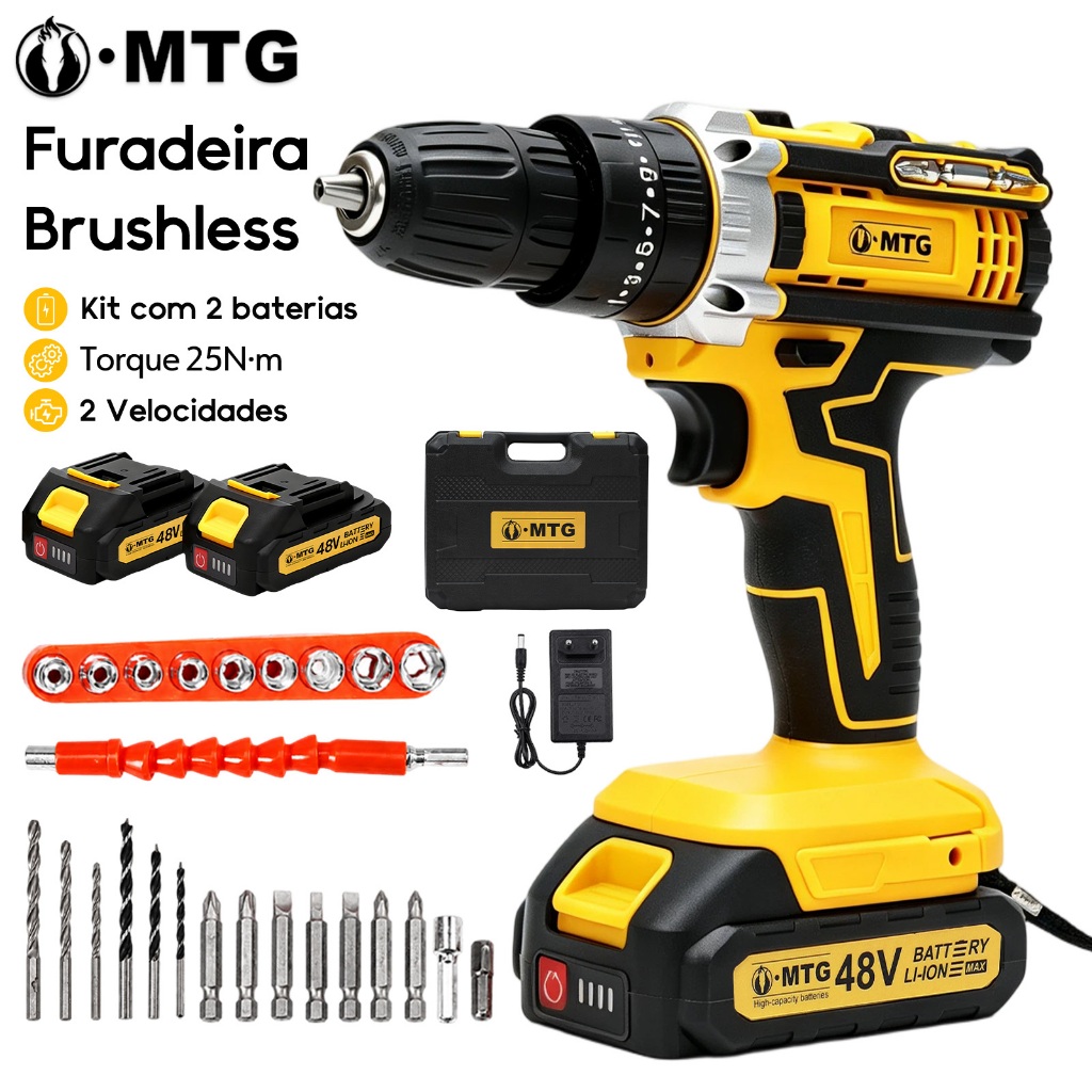 Parafusadeira e Furadeira 48V - 2 Baterias Maleta Alta Torque Bivolt (110V-240V)