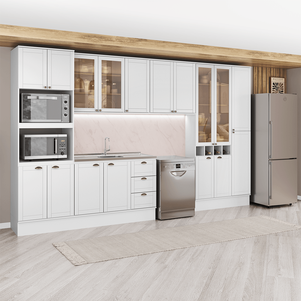 Armário de Cozinha Completa com Balcão Milla Vitrum Carraro Branco