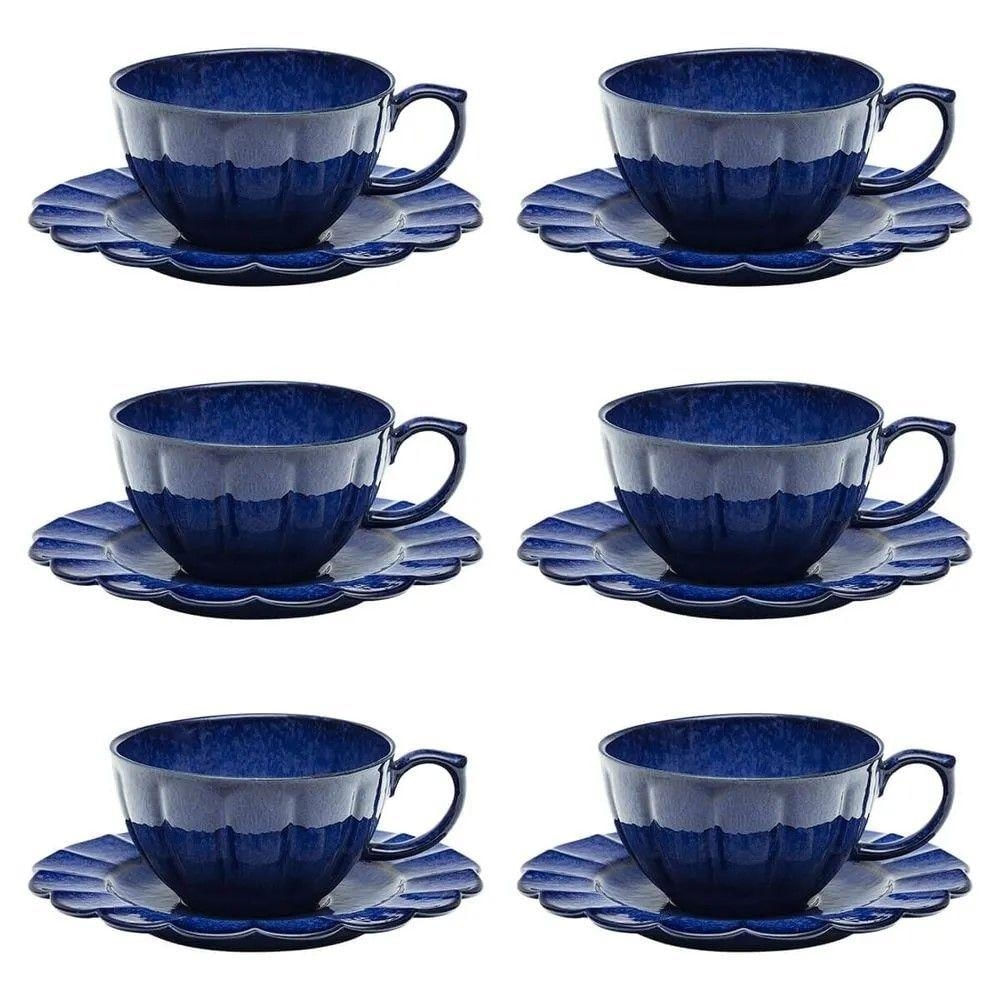 Conjunto de Xícara de Chá com Pires Flora Amor-perfeito Porcelana Azul Escuro Oxford