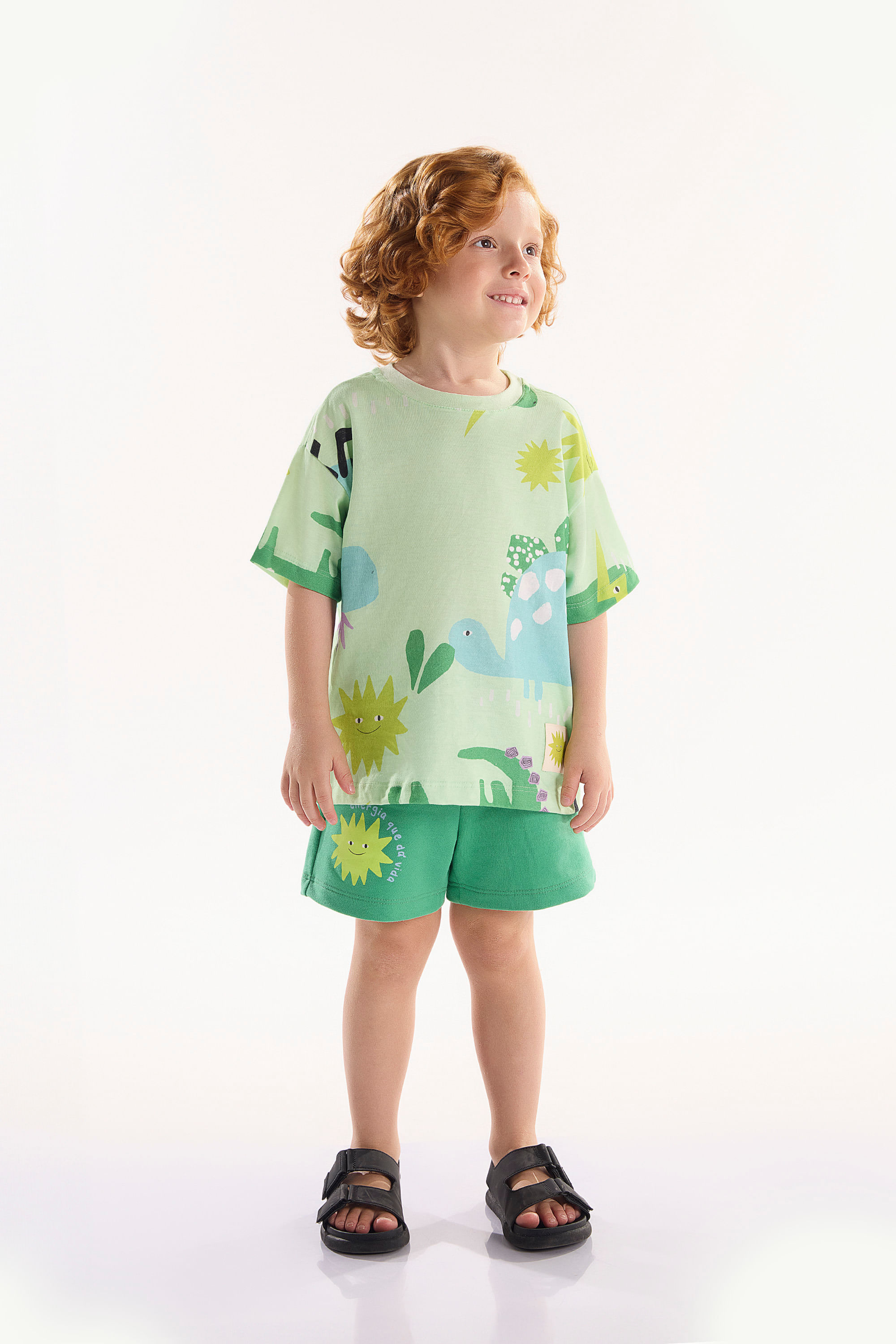Conjunto Infantil Masculino Dino com Camiseta e Short (Verde) Três e Já — 01