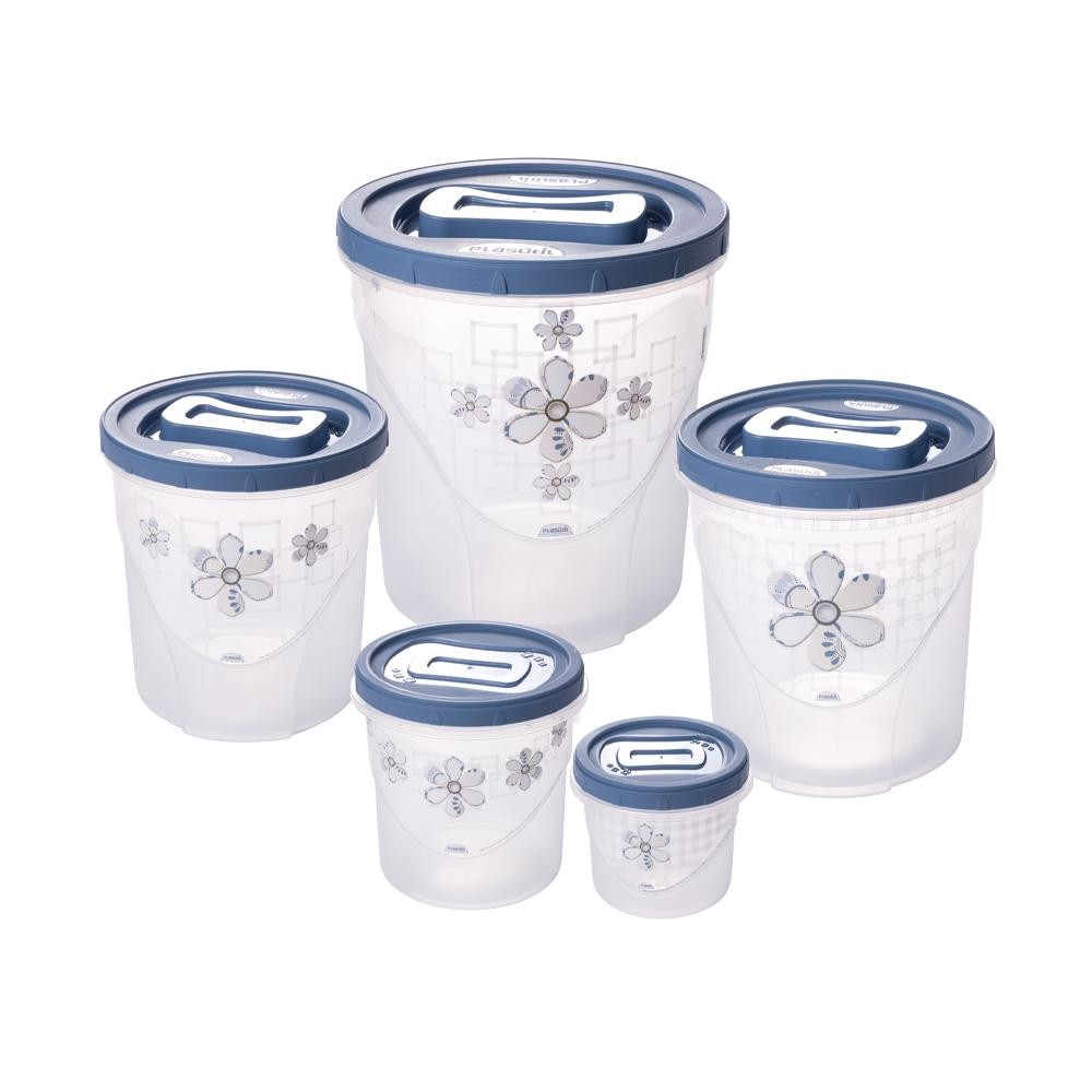 Kit 5 Potes Porta Mantimentos Redondos Azul Floral Plasútil