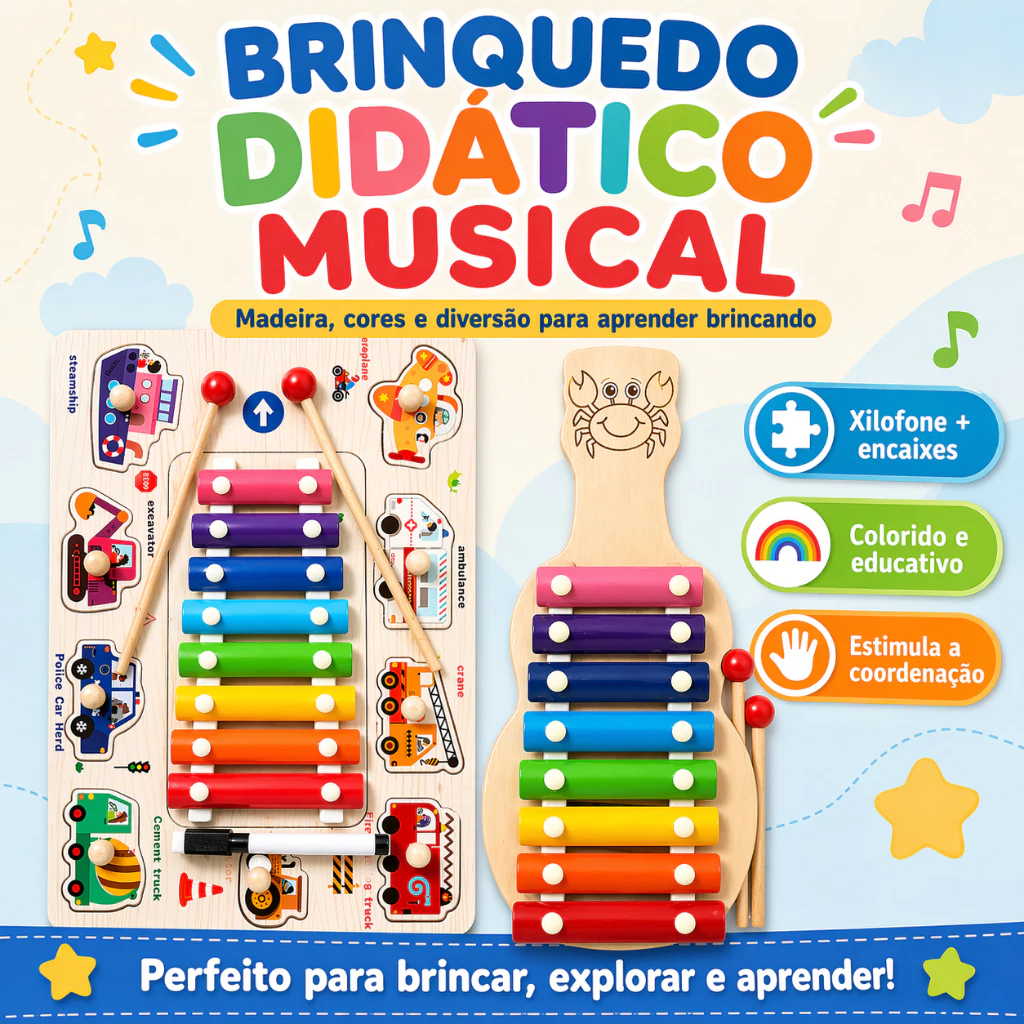 Xilofone 8 Notas com Lousa Magica e Encaixes Didáticos