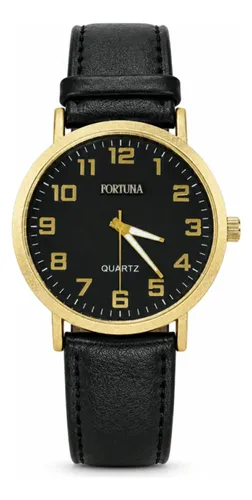 Relógio De Pulso Masculino Minimalista Old Money Fortuna Preto Cx Dourada E Preto