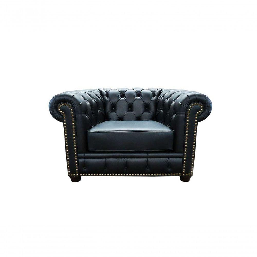 Poltrona Chesterfield Couro Preto Pimentado Mempra Móveis