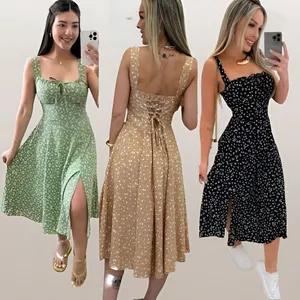 Vestido Feminino Mídi Floral Laço Busto