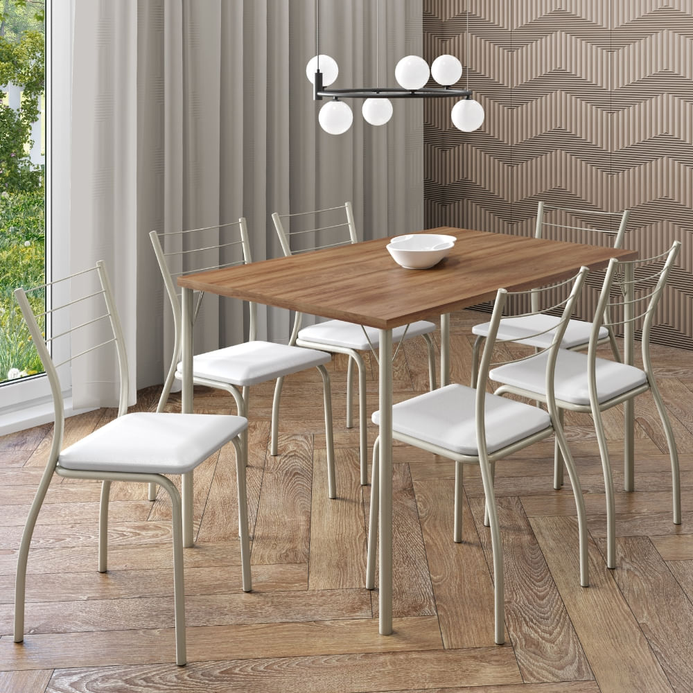 Conjunto Sala de Jantar 6 Cadeiras Valencia Carraro Branco Prata