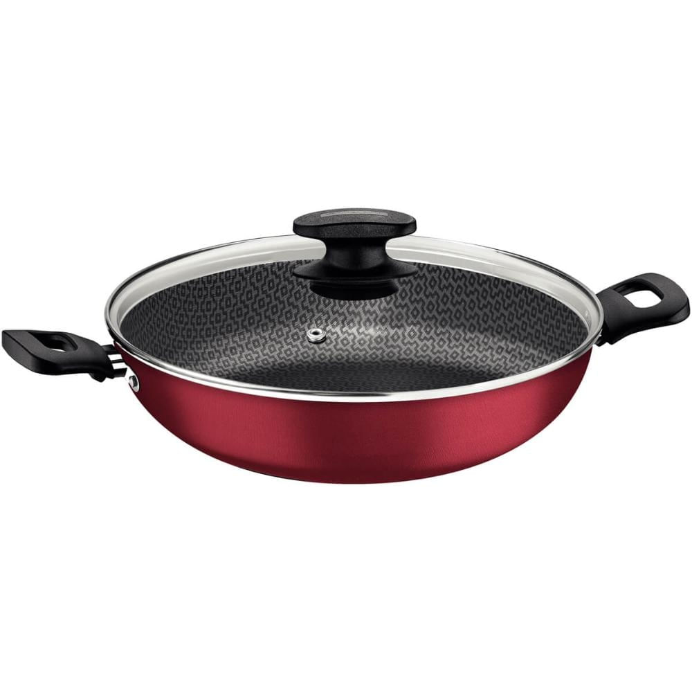 Wok em Alumínio 28cm Loreto 3,3L Tramontina Antiaderente Panela com Tampa e Alças Vermelha