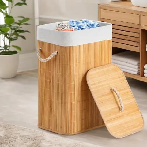 Cesto Roupa Suja Bambu 60L com Tampa e Forro