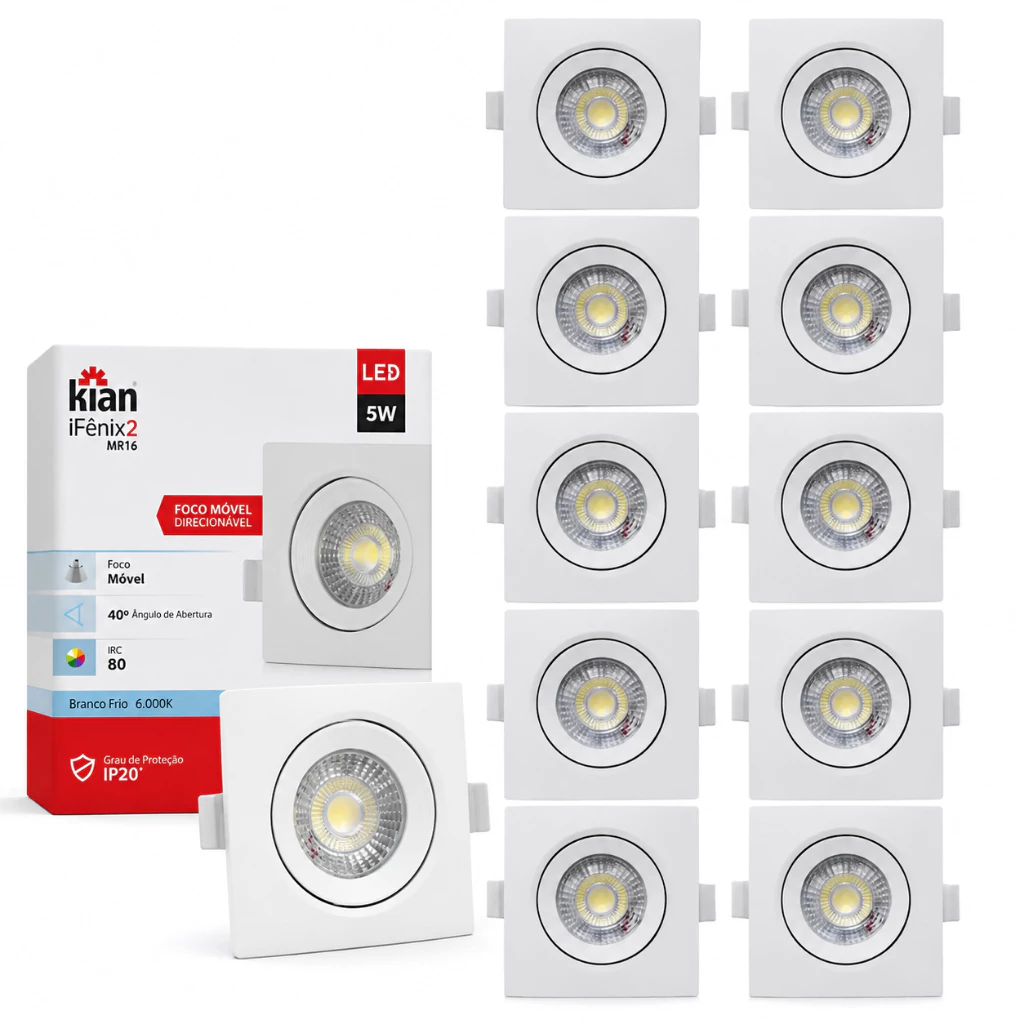 Kit 10 Spot Led 5W Quadrado Branco Frio 6500k Embutir Teto, Gesso, Sanca Bivolt 127/220V