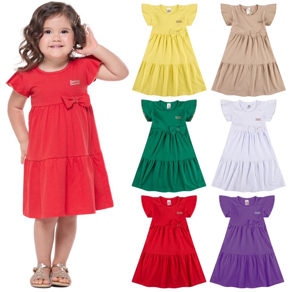 Kit 3 Vestido Infantil Menina Verão Três Marias 100% Algodão Com Laço - Kit Sortido Tamanhos 1 ao 12