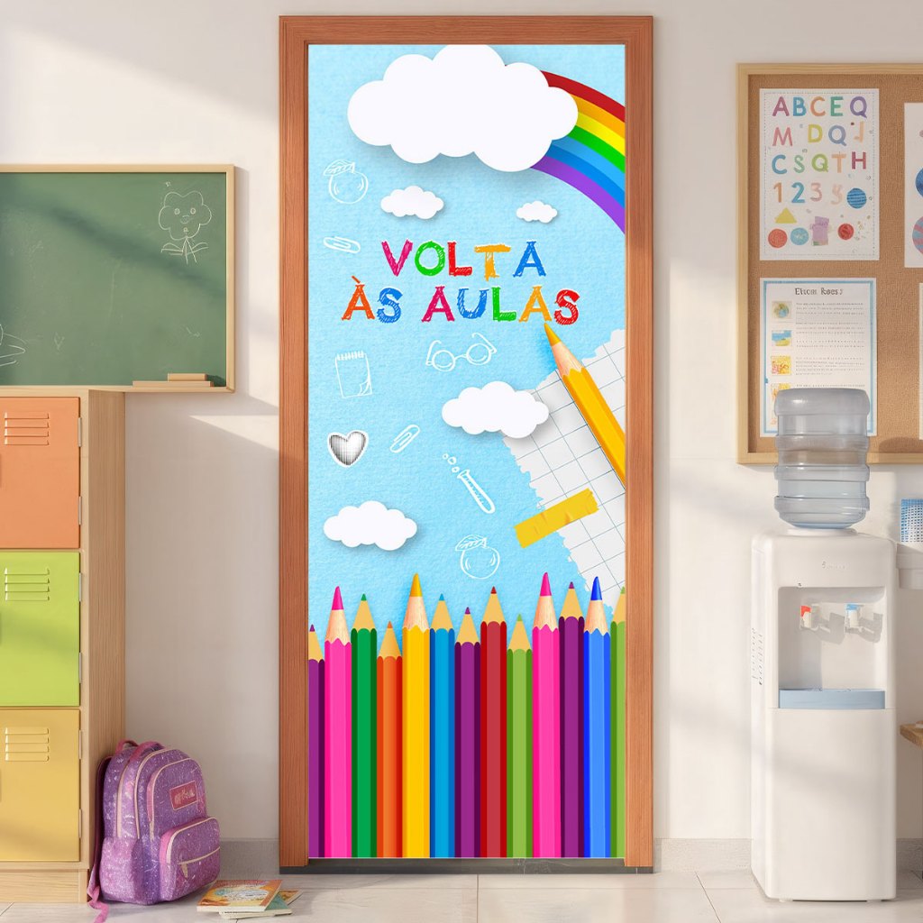 Capa de Porta Sala de Aula Infantil Decoração Volta ás Aulas Escolar Sublimado Em Tecido 0,80x2,10m