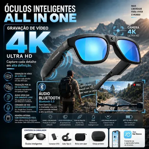 Óculos inteligentes OHO SUNSHINE Edge Pro com IA e câmera 4K, tradução em tempo real - 256 GB