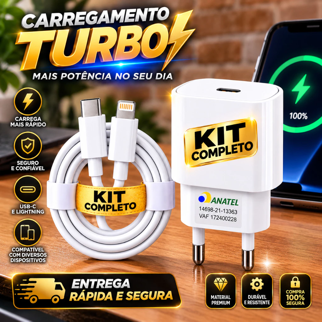 Carregador Turbo 30W Compatível com iPhone 8 X Xr 11 12 13 14, Bivolt 110/220 HOMOLOGADO ANATEL