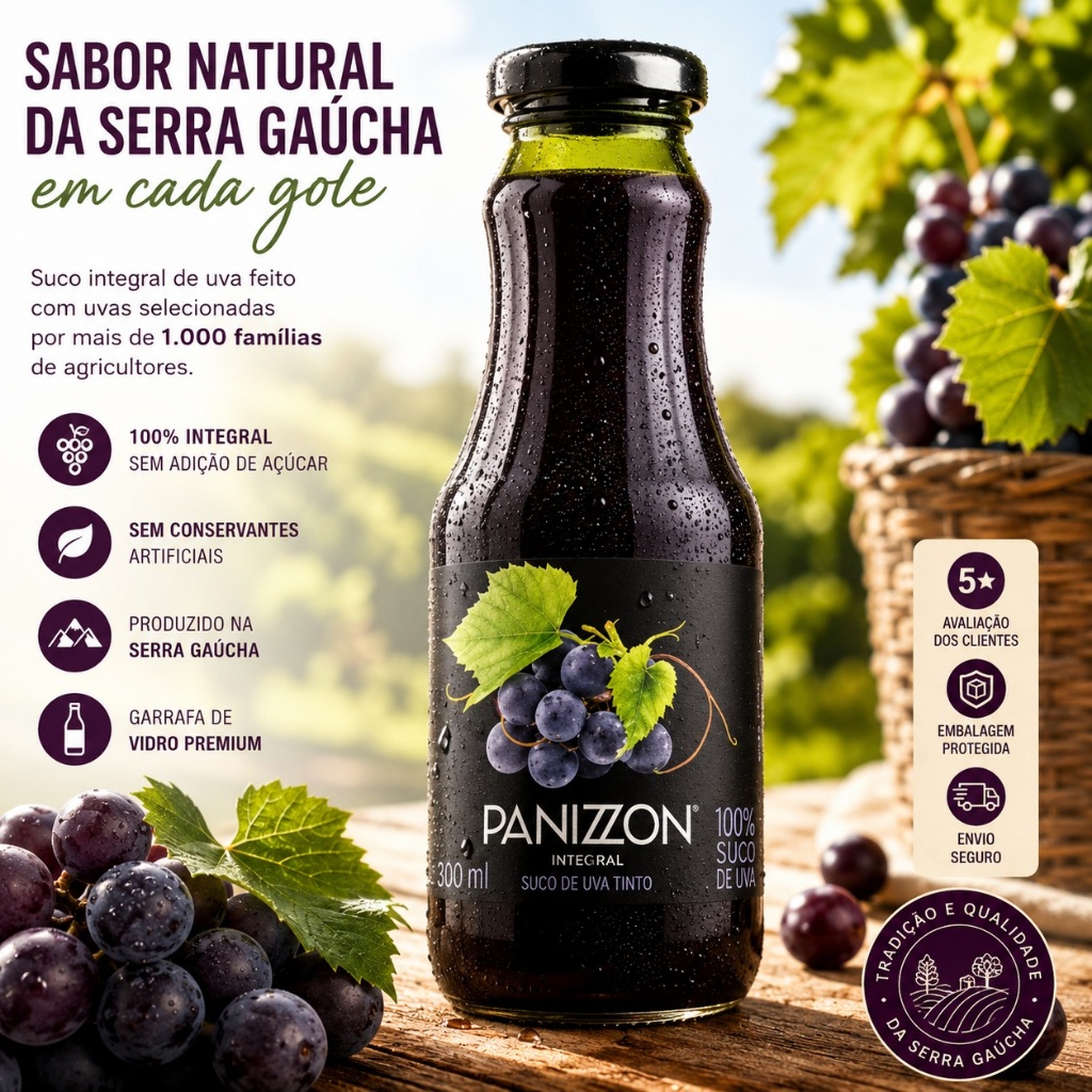 Foto 2 de Kit 12 Unidades Suco de Uva 100% Integral Panizzon 300 ml