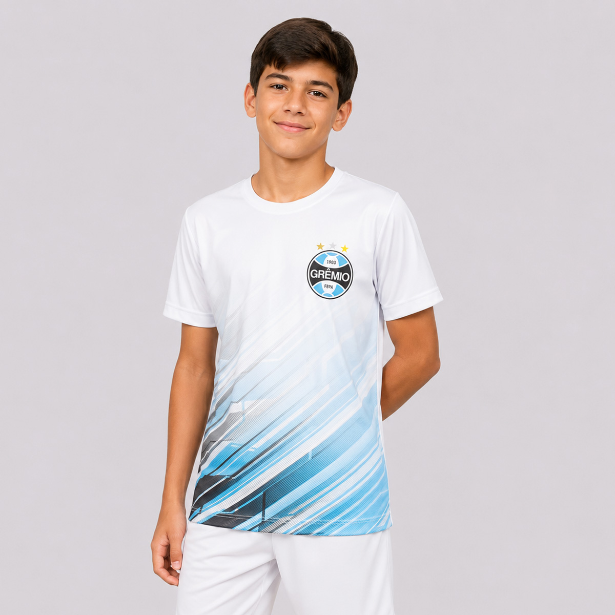 Camisa Grêmio Esportiva Dry Fit Juvenil Branca e Azul