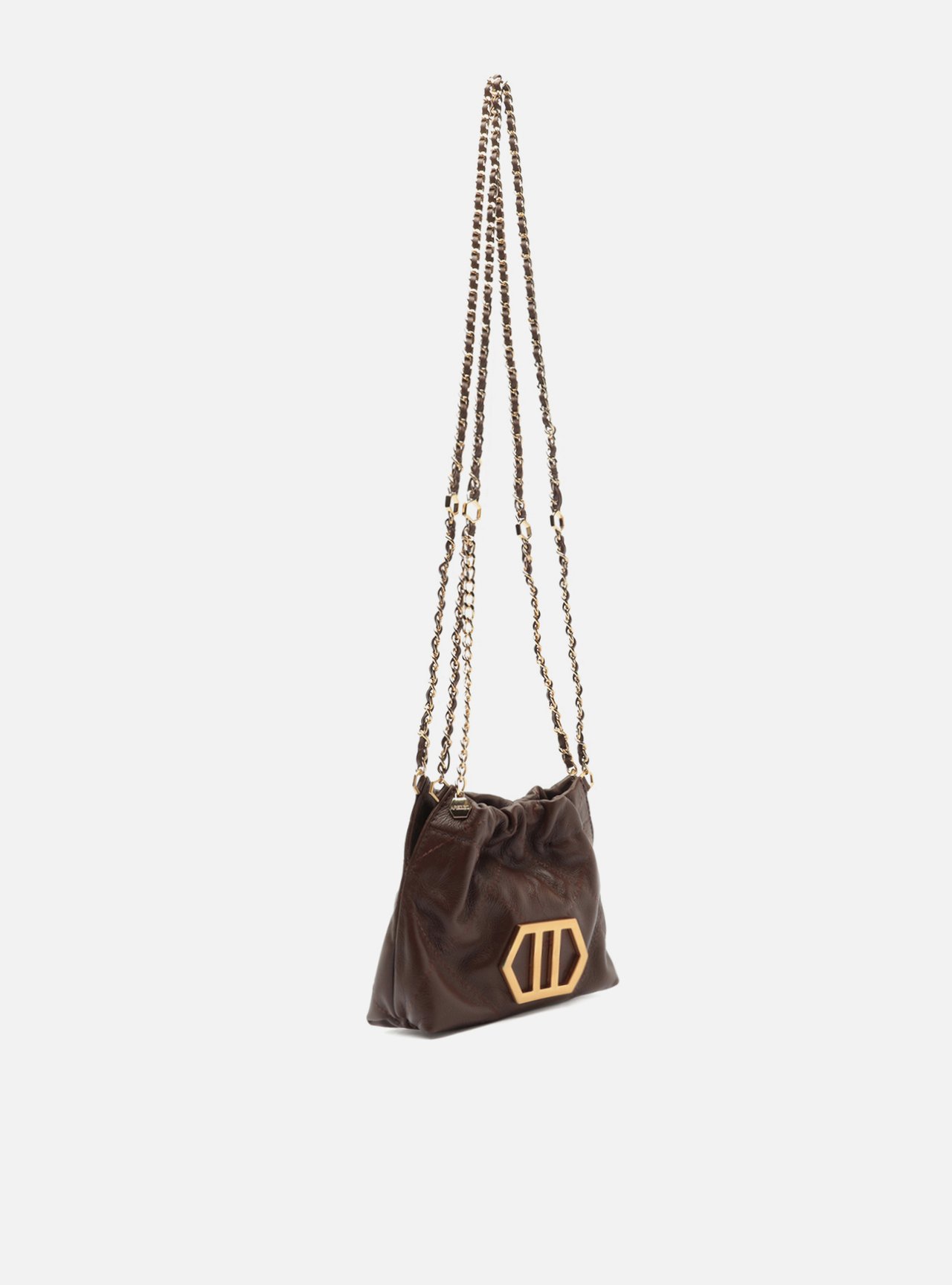 Foto 5 de Bolsa Tiracolo Marrom Couro Pequena Corrente Dourada