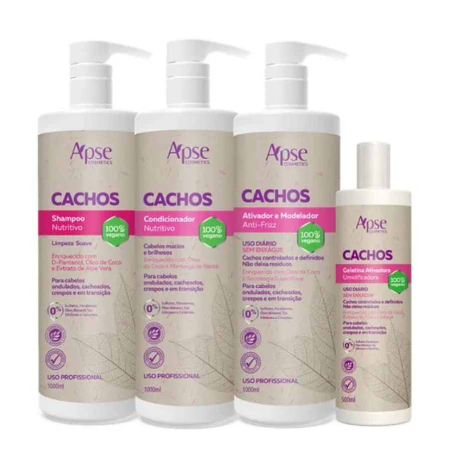 Apse Cachos Shampoo 1 L e Condicionador 1 L e Gelatina 500 ml e Ativador 1 L