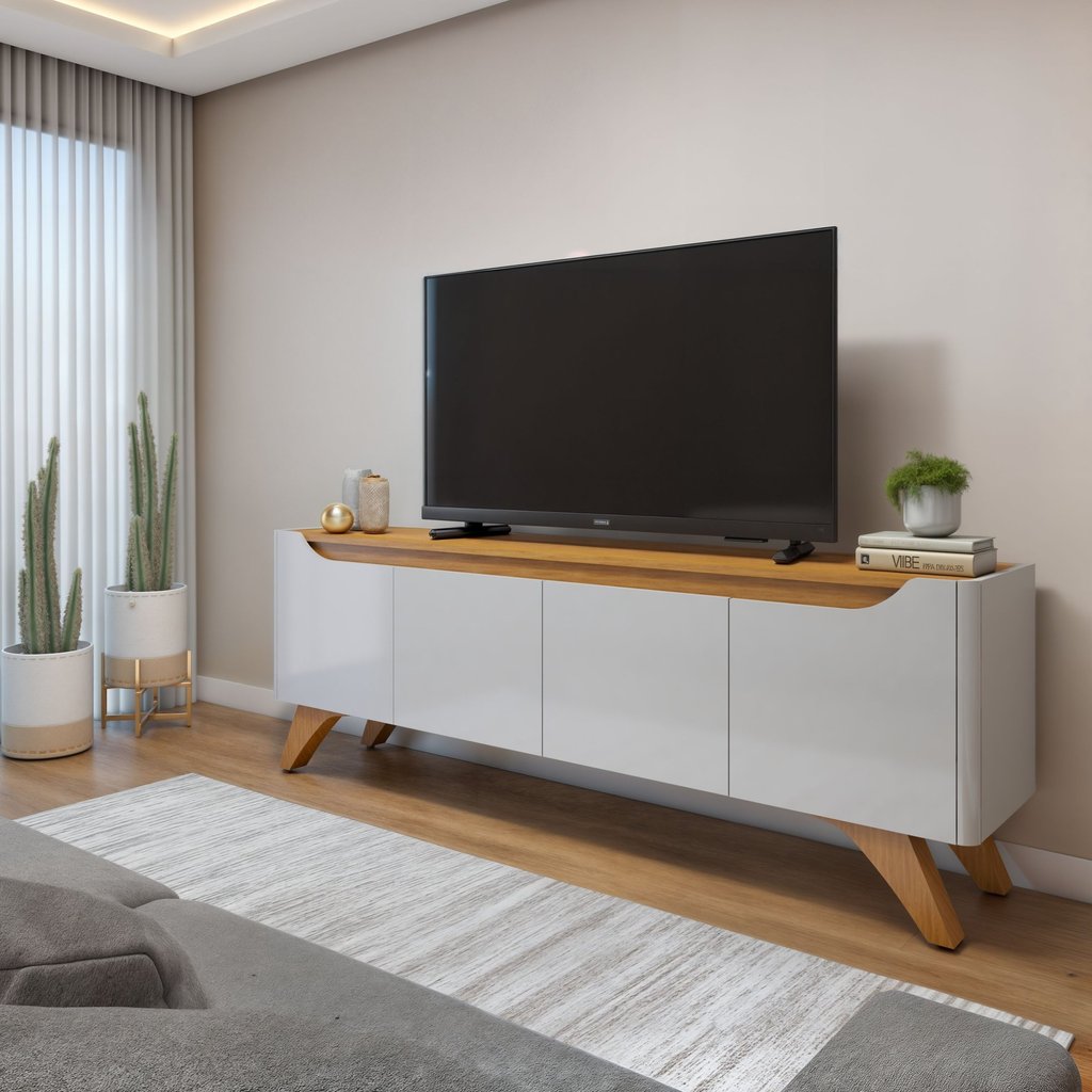 Rack para TV até 58 Polegadas 100% MDF 180cm Pés em Madeira Maciça 4 Portas Grécia Bege Off White/Naturalle
