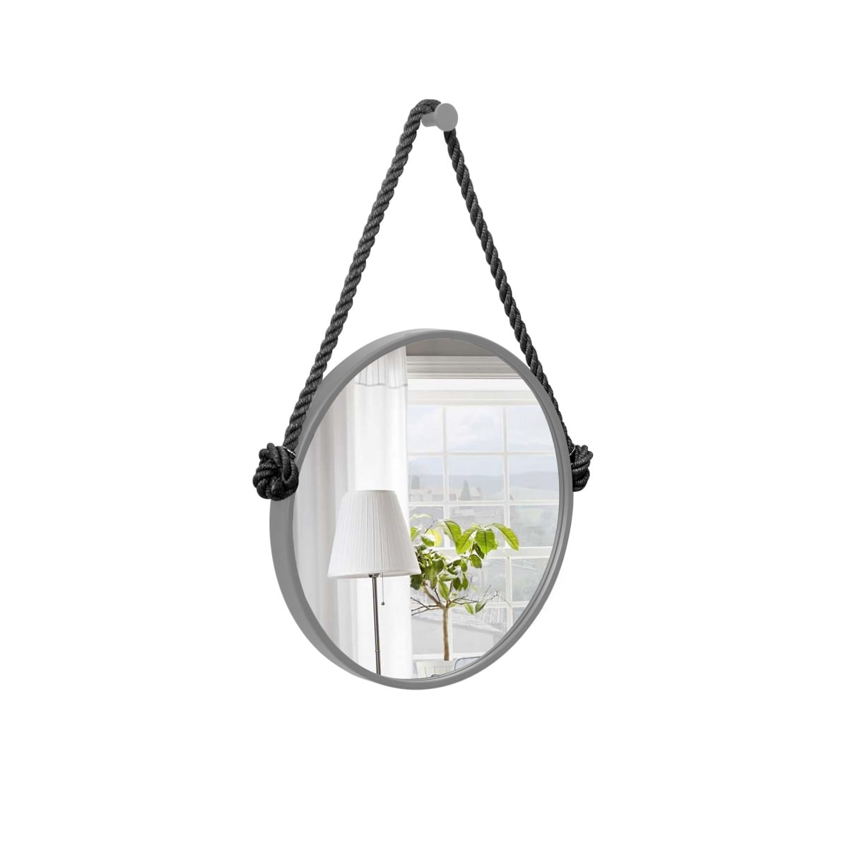 Espelho Decorativo Adnet Cinza Alça Corda Naval Preta 40cm Redondo
