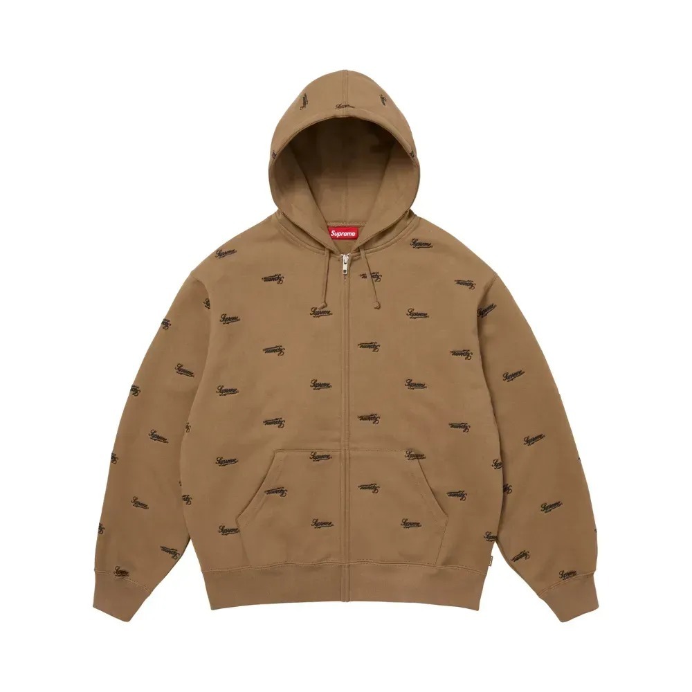 Moletom Supreme Repeat Script Zip Up Hooded Dark Khaki FW25-W18 — M / G, Novo