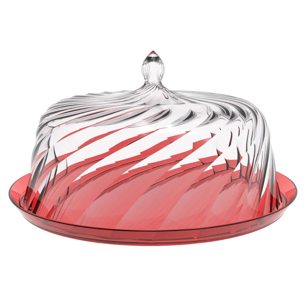 Boleira com Cúpula 30cm Crippa Vermelho Transparente Porta Bolo Glassy Torta Doces