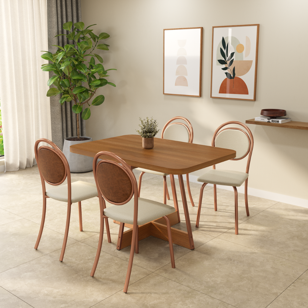 Conjunto Sala de Jantar 4 Cadeiras Mafe Carraro Nogal Rosê
