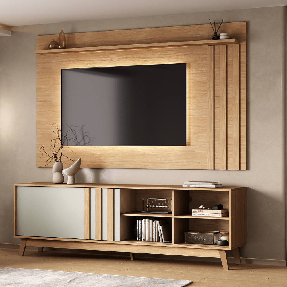 Conjunto Rack e Painel Parede Ventura Carraro Cedro e Salvia