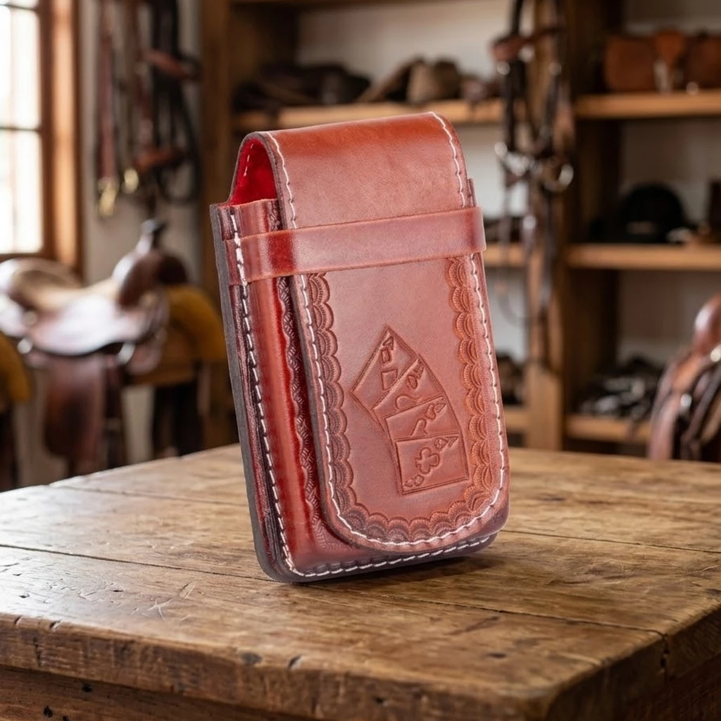 Bainha Porta Celular Country Baralho Ases Couro Legítimo Trabalhado Artesanal Para Cinto Estilo Rodeio Caramelo Marrom