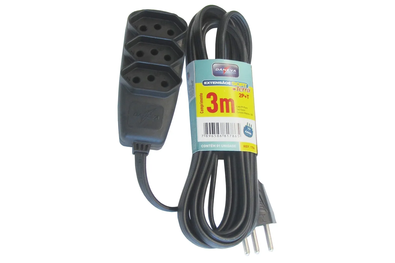 EXTENSAO SORT PP 3X0,75 2P+T 10A PRETO 3M - 6PCS/C DANEVA