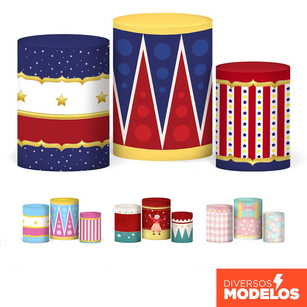 Capa Cilindro Festa Circo Veste Fácil Decoração Aniversário Em Tecido Sublimado Com Elástico