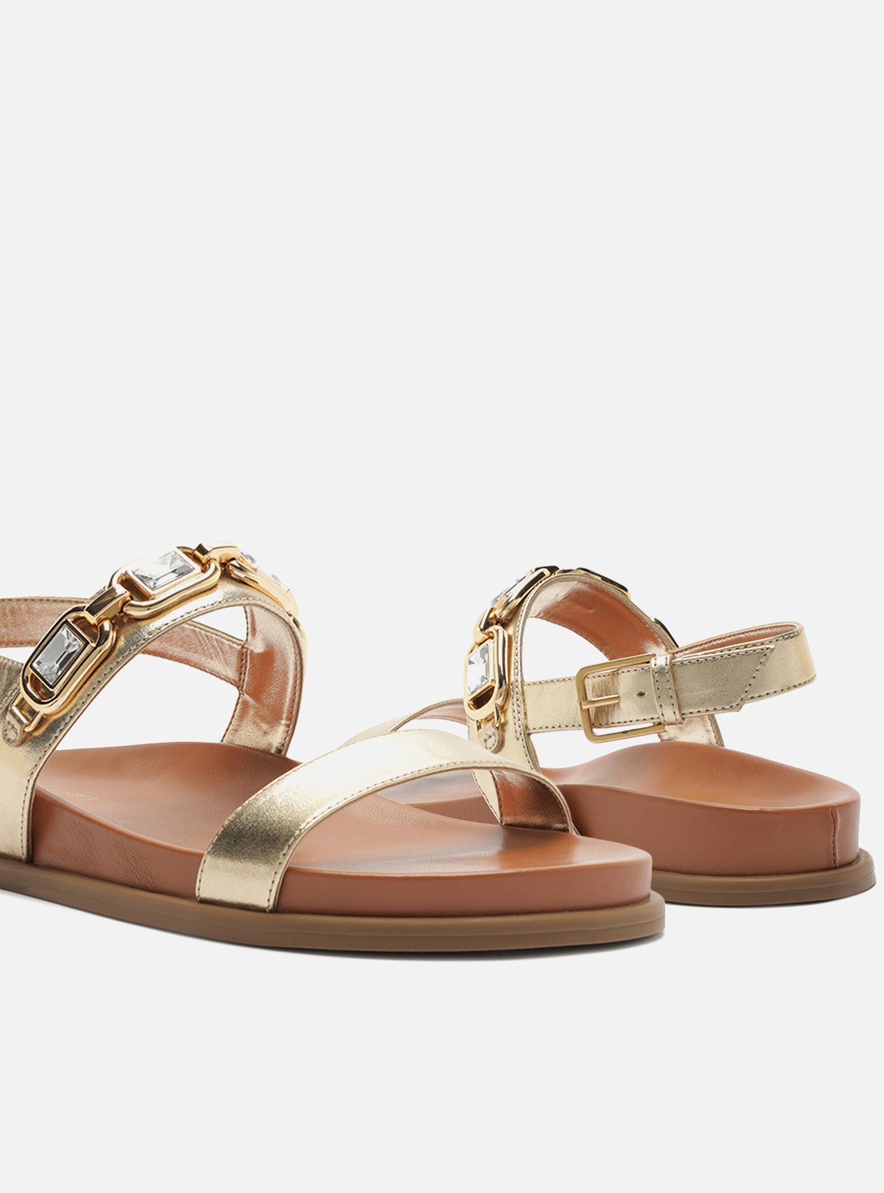 Foto 4 de Sandália Papete Dourada Couro Flatform Pedraria