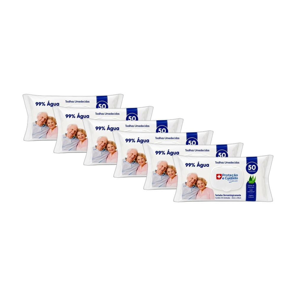 Kit 6 Toalhas Umedecidas Proteção e Cuidado Sênior 50 unidades