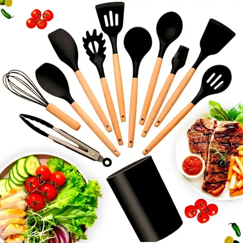 Kit 12 Utensílios De Cozinha Em Silicone E Cabo De Madeira Preto