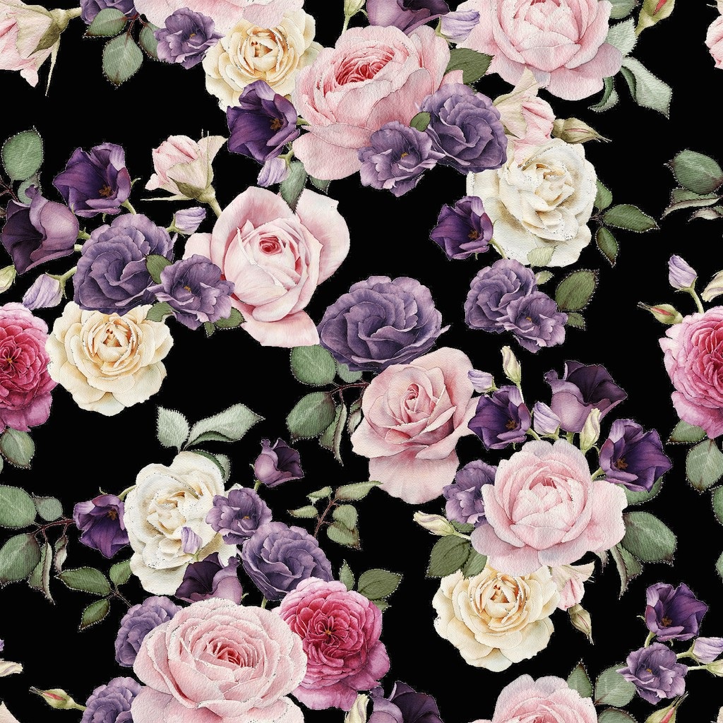 Papel de parede floral com fundo preto e flores em tons de rosa e roxo 2,50 mts