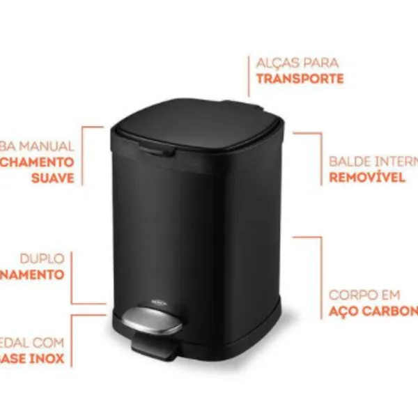 LIXEIRA COM PEDAL E BALDE FRAME 6L PRETO - BRINOX