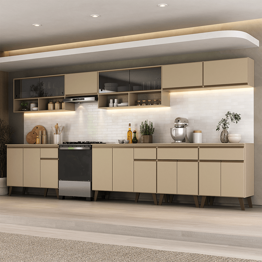 Armário de Cozinha Completa Atlanta Base com Vidro Carraro Amêndoa