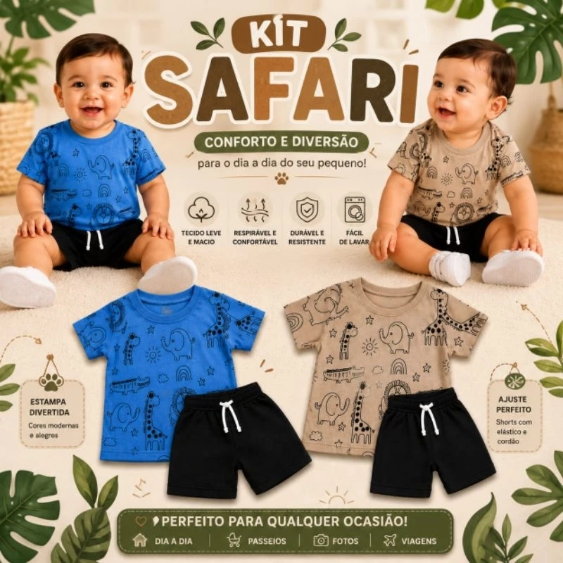Kit 2 Conjuntos Bebê Menino Safari 100% Algodão Infantil Verão Camiseta Estampada + Shorts 0 a 6 Meses