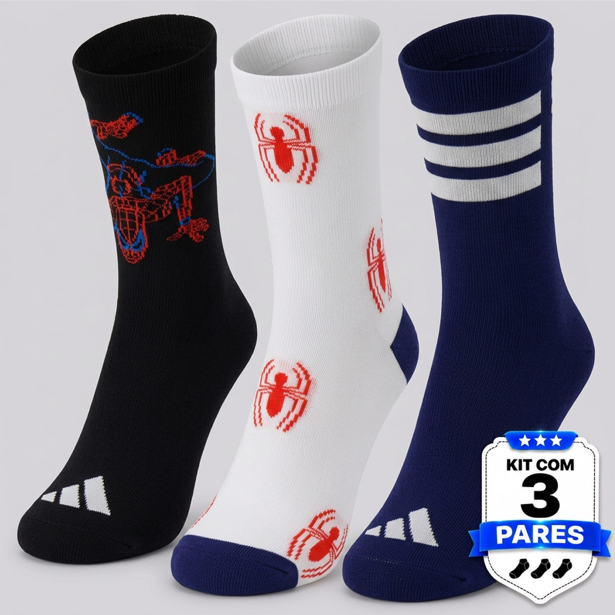 Kit Meia Adidas Homem Aranha 3 Pares Juvenil Preto e Marinho