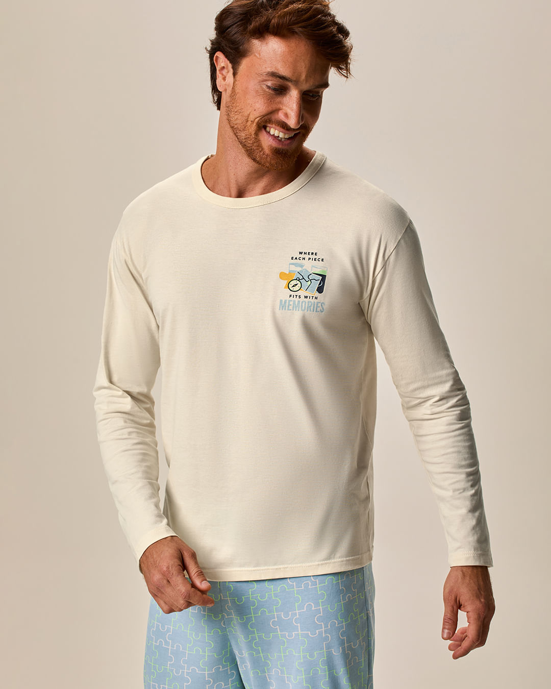 Pijama Masculino Camiseta Manga Longa E Calça Estampada Em Algodão — Off White - P