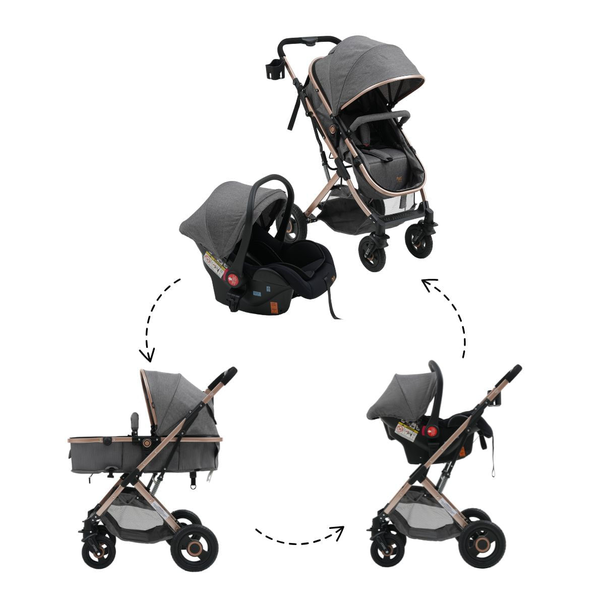 Carrinho c/Bebê Conforto Reversível Elysian Maxi Baby Cinza
