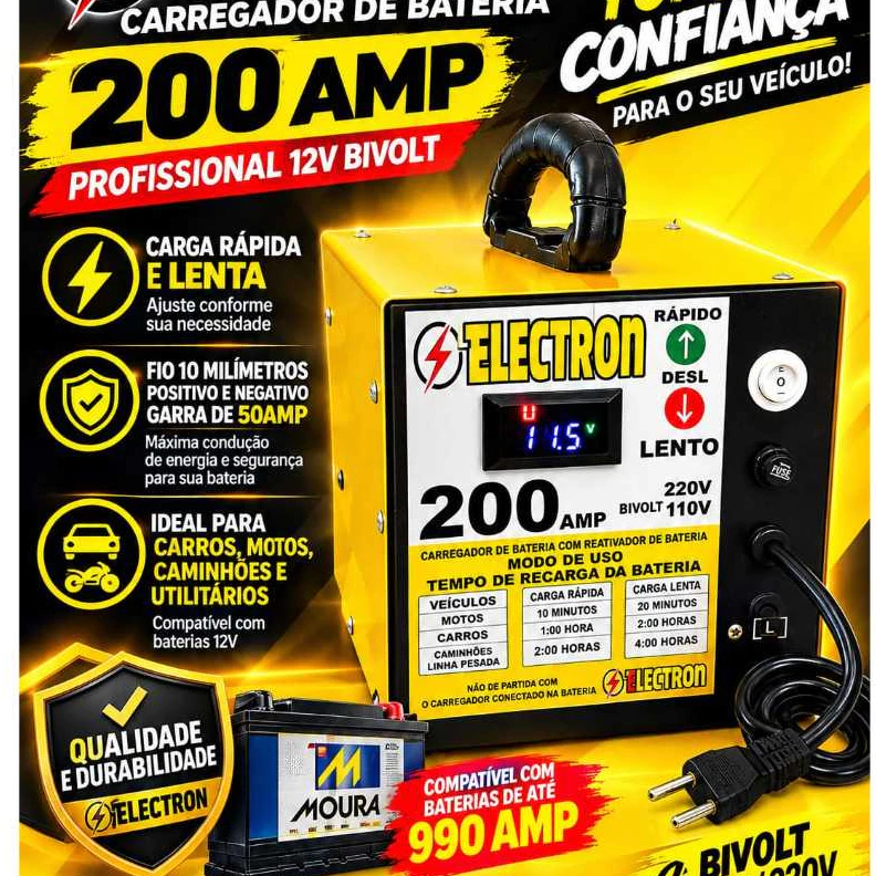 Carregador De Bateria 12v 200a Carro E Moto