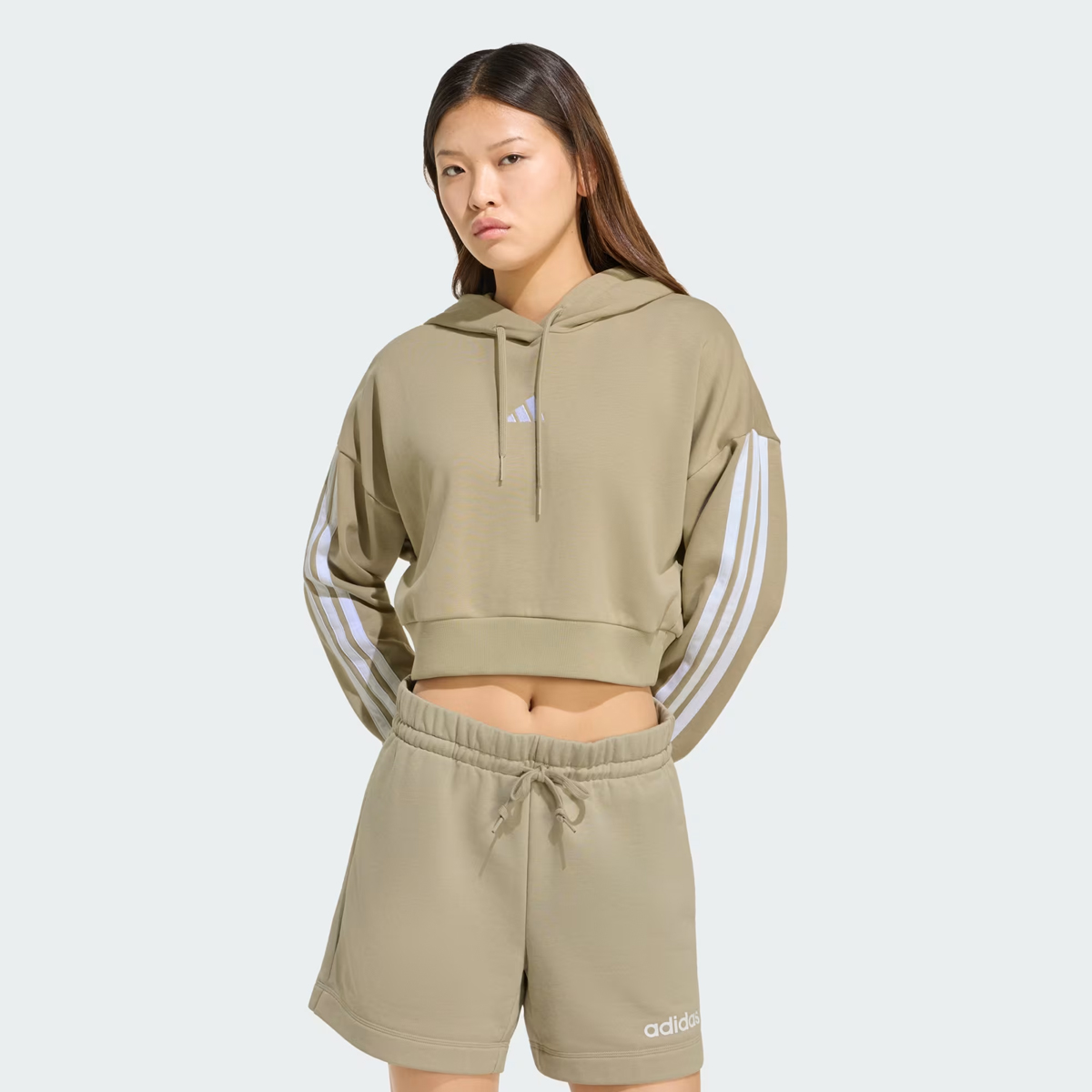 Moletom Adidas 3 Stripes Cropped com Capuz Feminino Verde e Branco