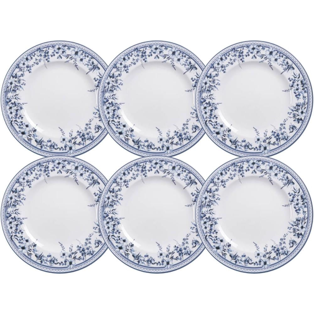 Jogo 6 Pratos Rasos Jantar 28cm Tramontina Azzura Porcelana Decorada Floral Azul Mesa Posta