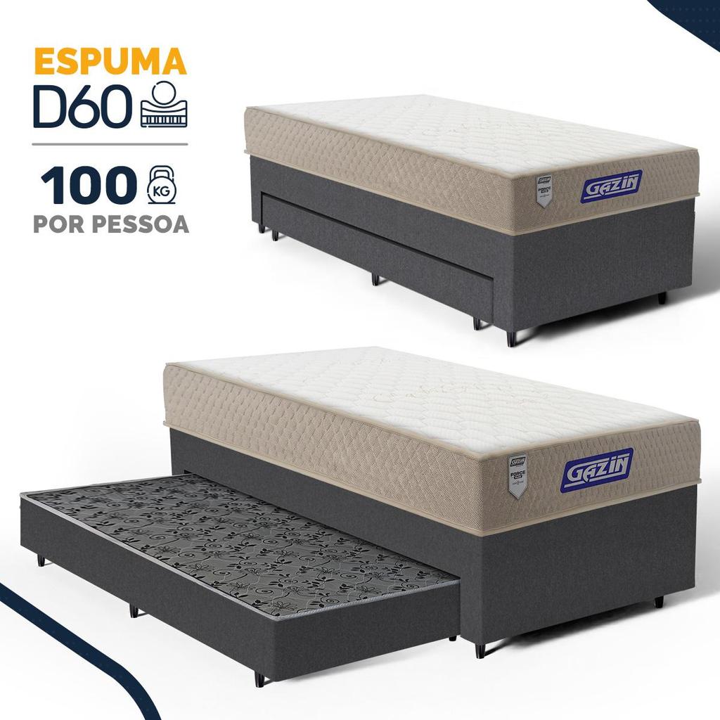 Cama Box com Colchão Gazin de Espuma D60 Double Face Force PLUS + Auxiliar de Espuma Solteiro 88cm