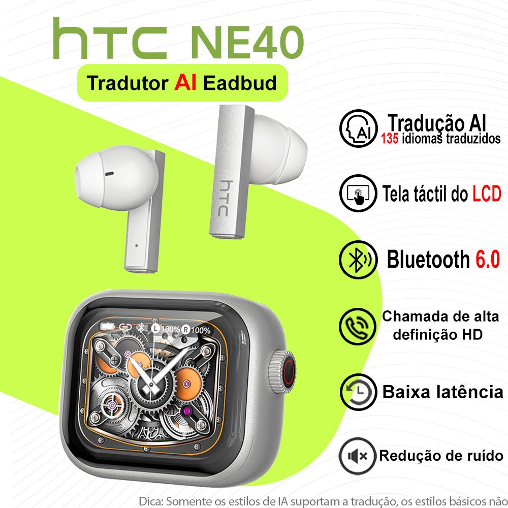 HTC NE40 AI Fone De Ouvido TWS Fone Bluetooth 6.0 Tradução Em Tempo Real Display Controle Por Toque De LED Microfone