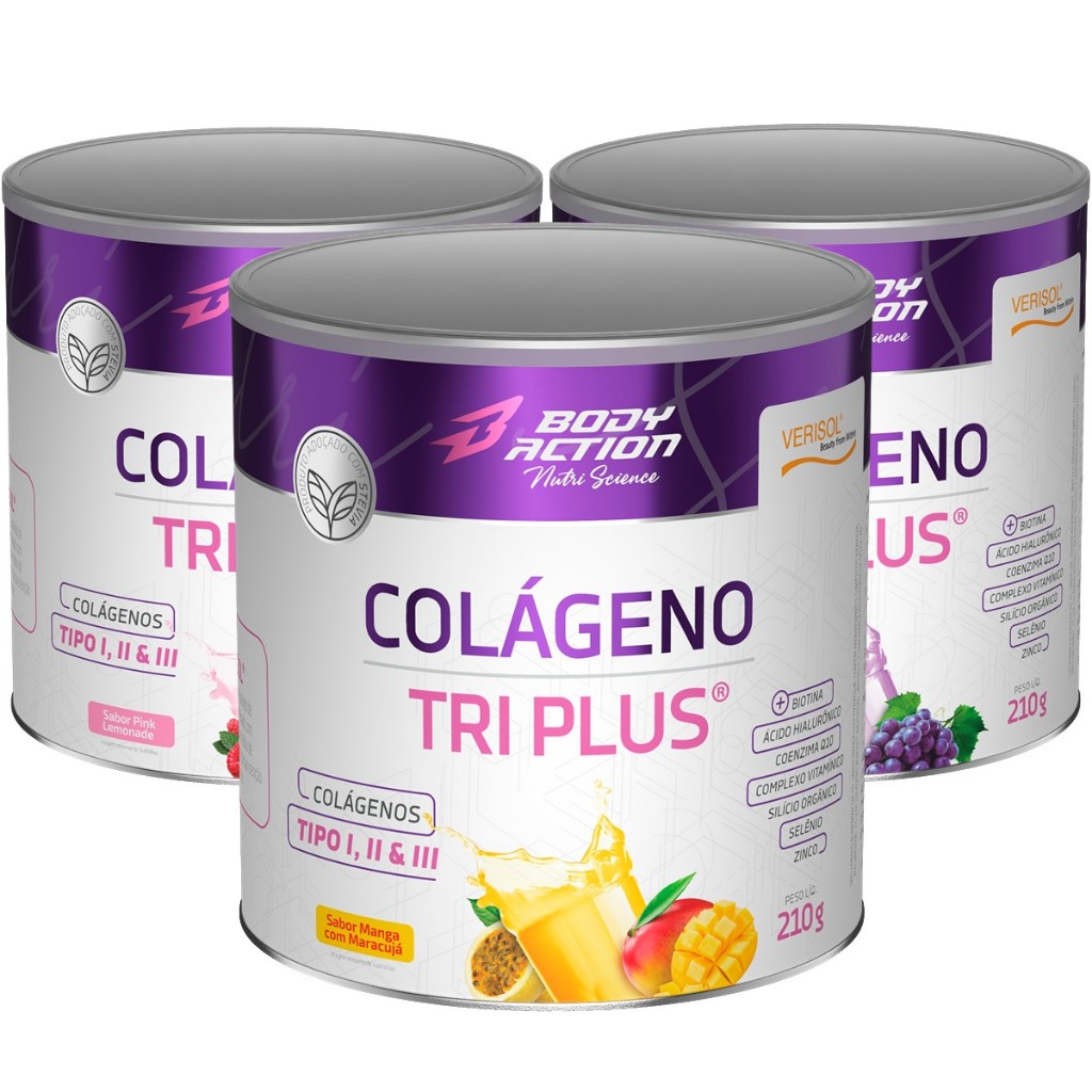 Kit 3x Colágeno Verisol Tri Plus Tipo 1, Tipo 2 e 3 - 210g Bodyaction