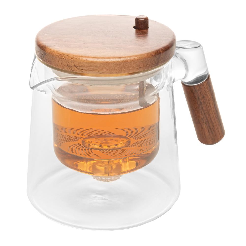 Chaleira de Vidro Borossilicato 500ml com Infusor Automático Alça de Madeira Wolff para Chás Bebidas Mesa Posta Elegante