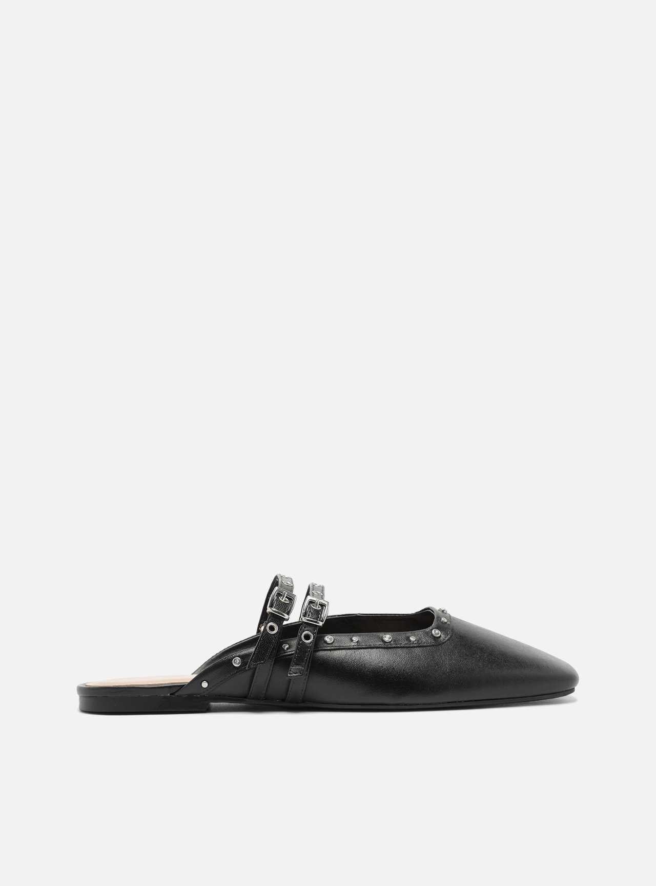 Mule Preto Nappa Bico Quadrado Fivela Tachas